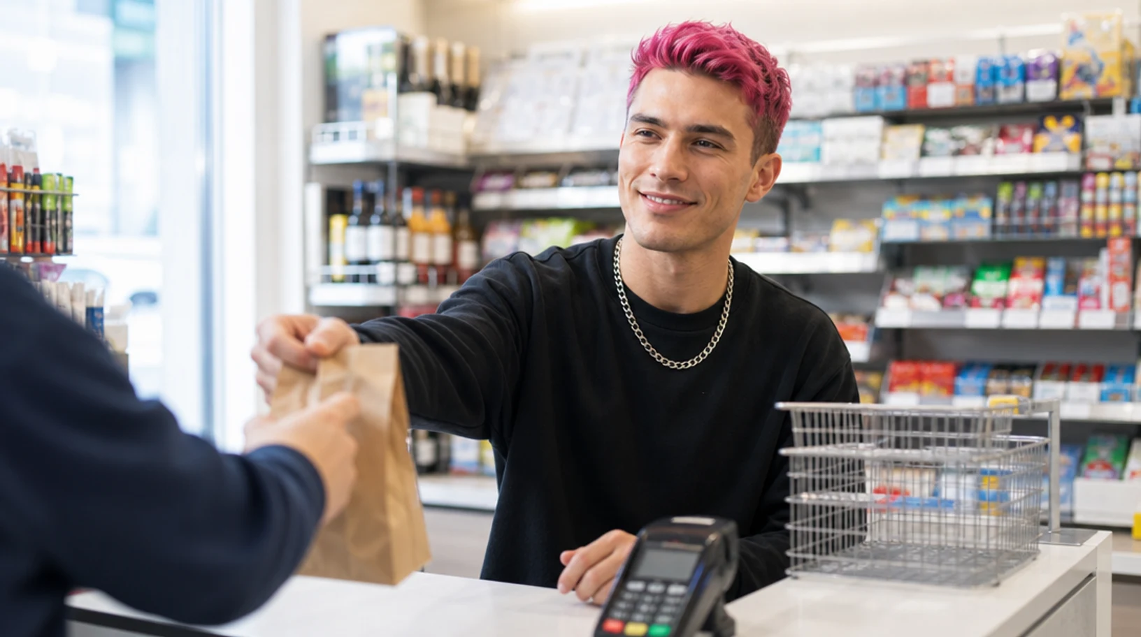 A friendly shopkeeper handing a customer their shopping at the Saggar Lane Stores counter