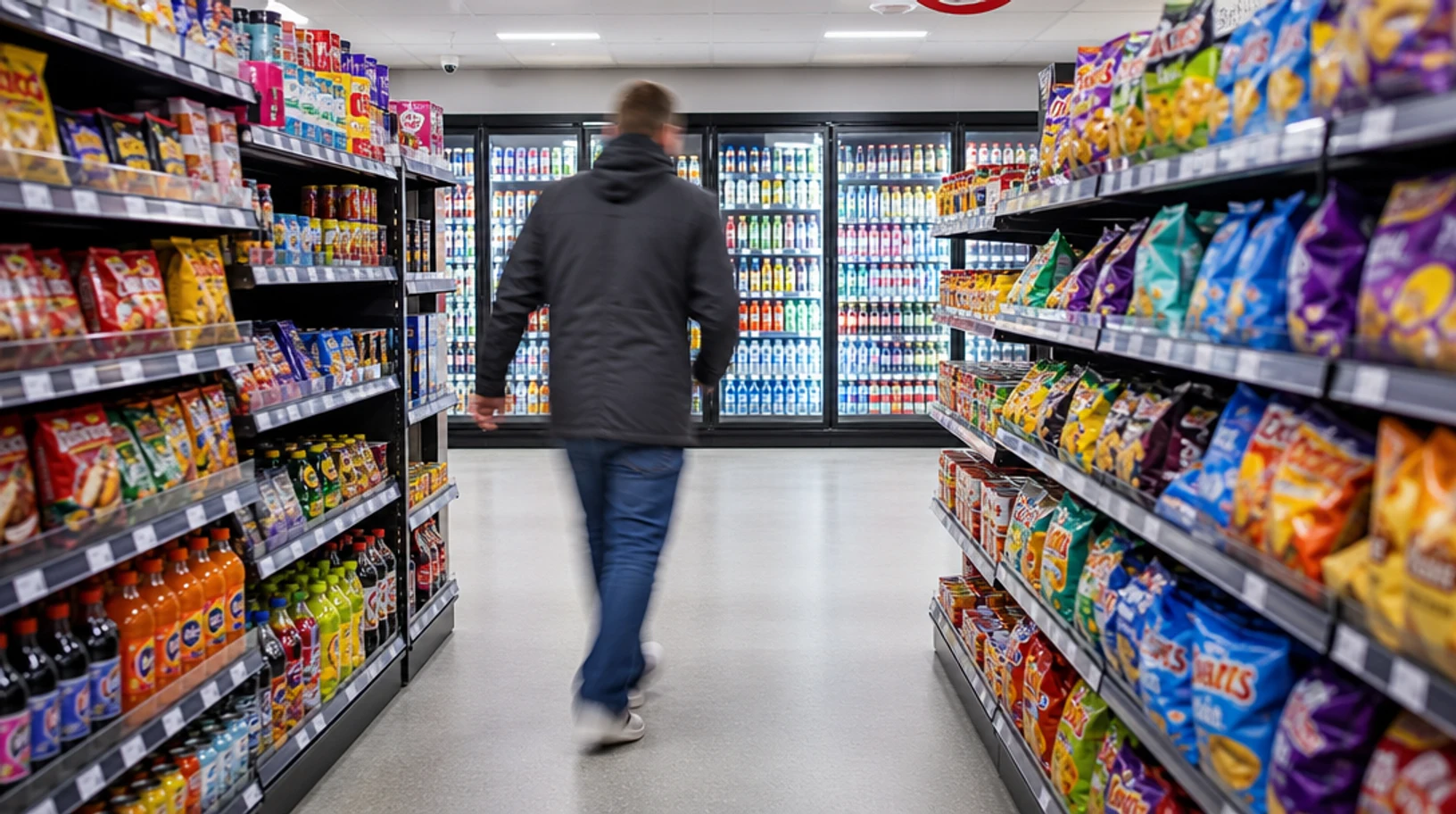 The bright, well-stocked interior of Saggar Lane Stores, looking toward the drinks chillers