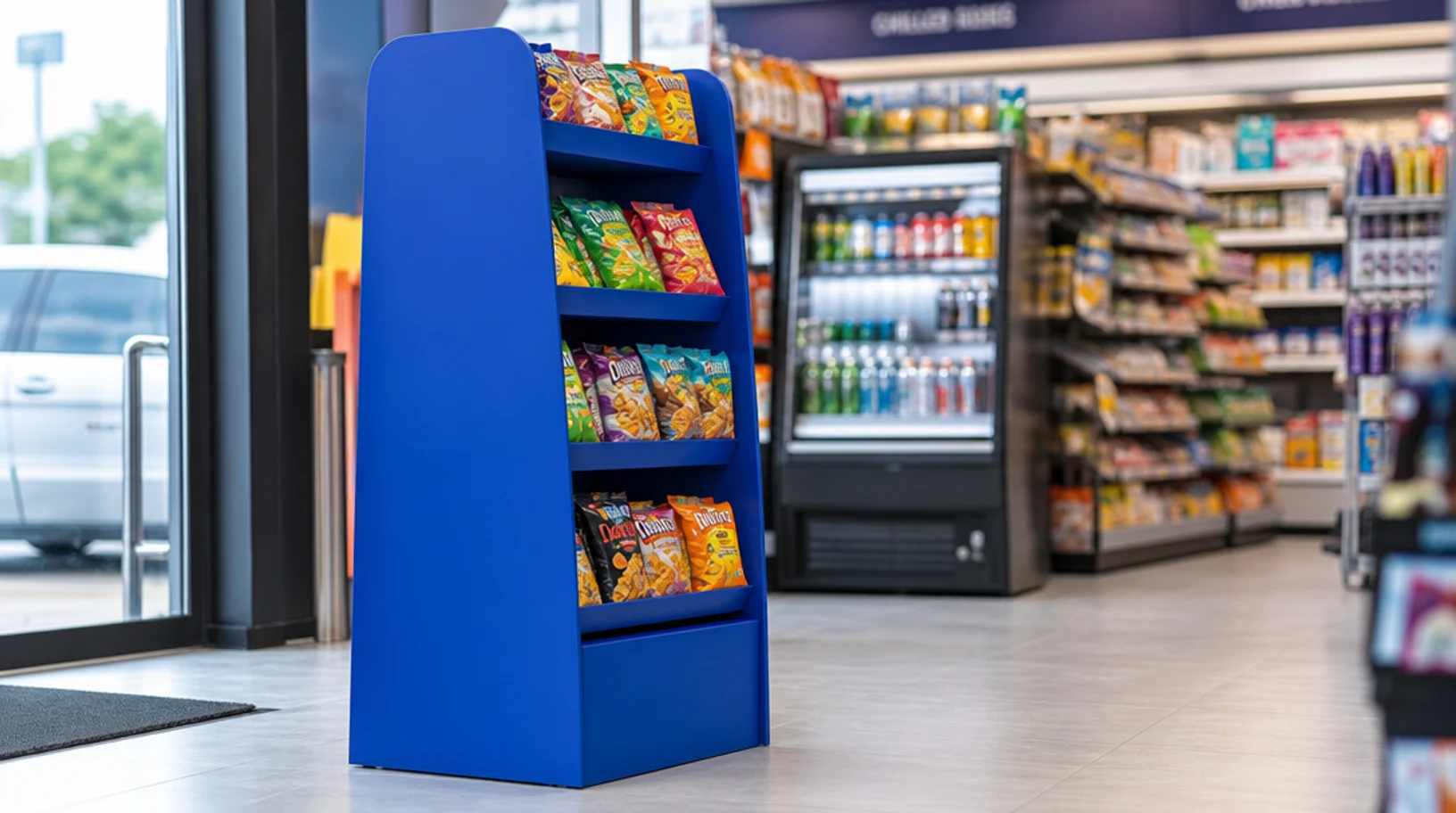 An in-store promotional snack display inside Saggar Lane Stores